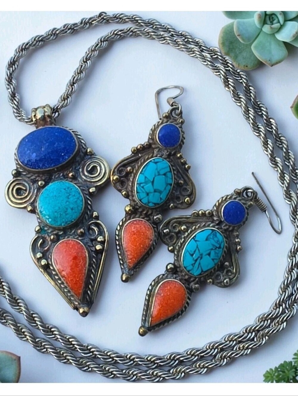 Vintage Tibetan Style Mosaic Inlay Necklace Earrings Set Turquoise Lapis Coral